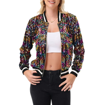 Anna-Kaci Women's Sequin Bomber Jacket with Ribbed Trim and Front Zipper Closure