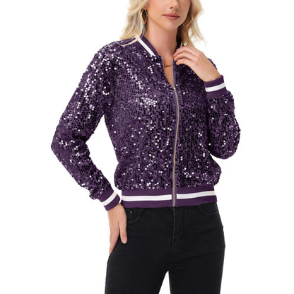 Anna-Kaci Women's Sequin Bomber Jacket with Ribbed Trim and Front Zipper Closure
