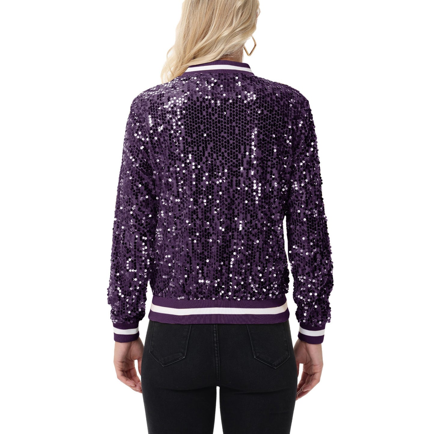 Anna-Kaci Women's Sequin Bomber Jacket with Ribbed Trim and Front Zipper Closure