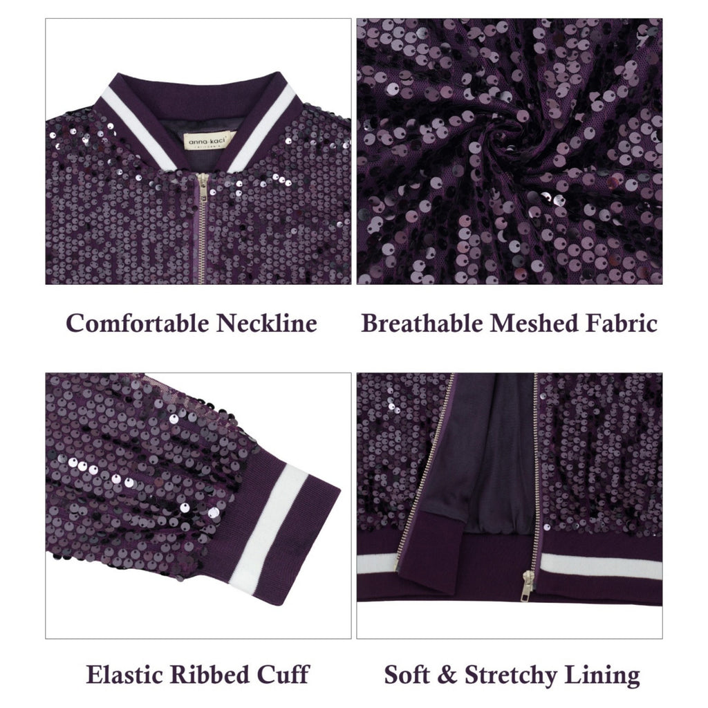 Anna-Kaci Women's Sequin Bomber Jacket with Ribbed Trim and Front Zipper Closure