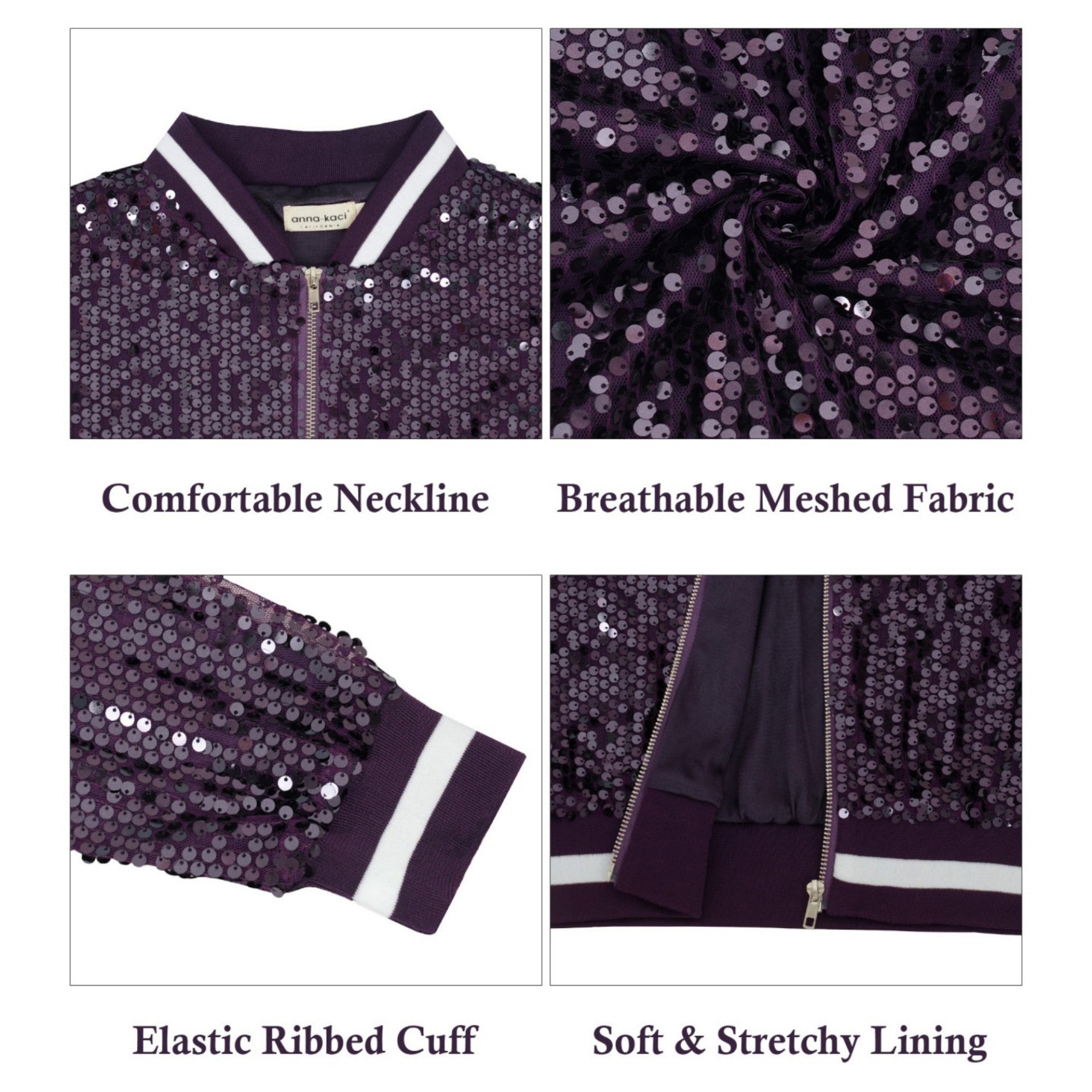 Anna-Kaci Women's Sequin Bomber Jacket with Ribbed Trim and Front Zipper Closure