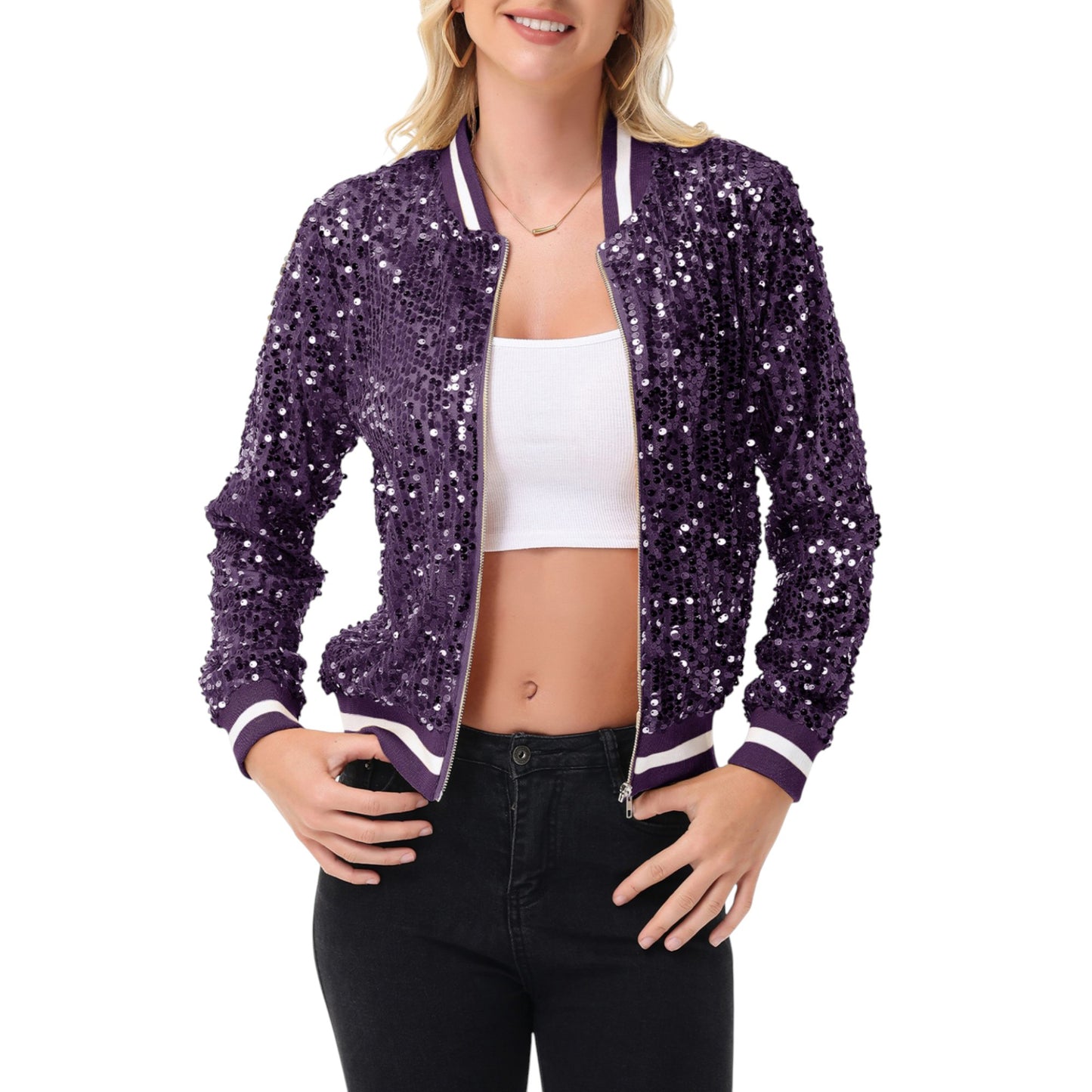 Anna-Kaci Women's Sequin Bomber Jacket with Ribbed Trim and Front Zipper Closure