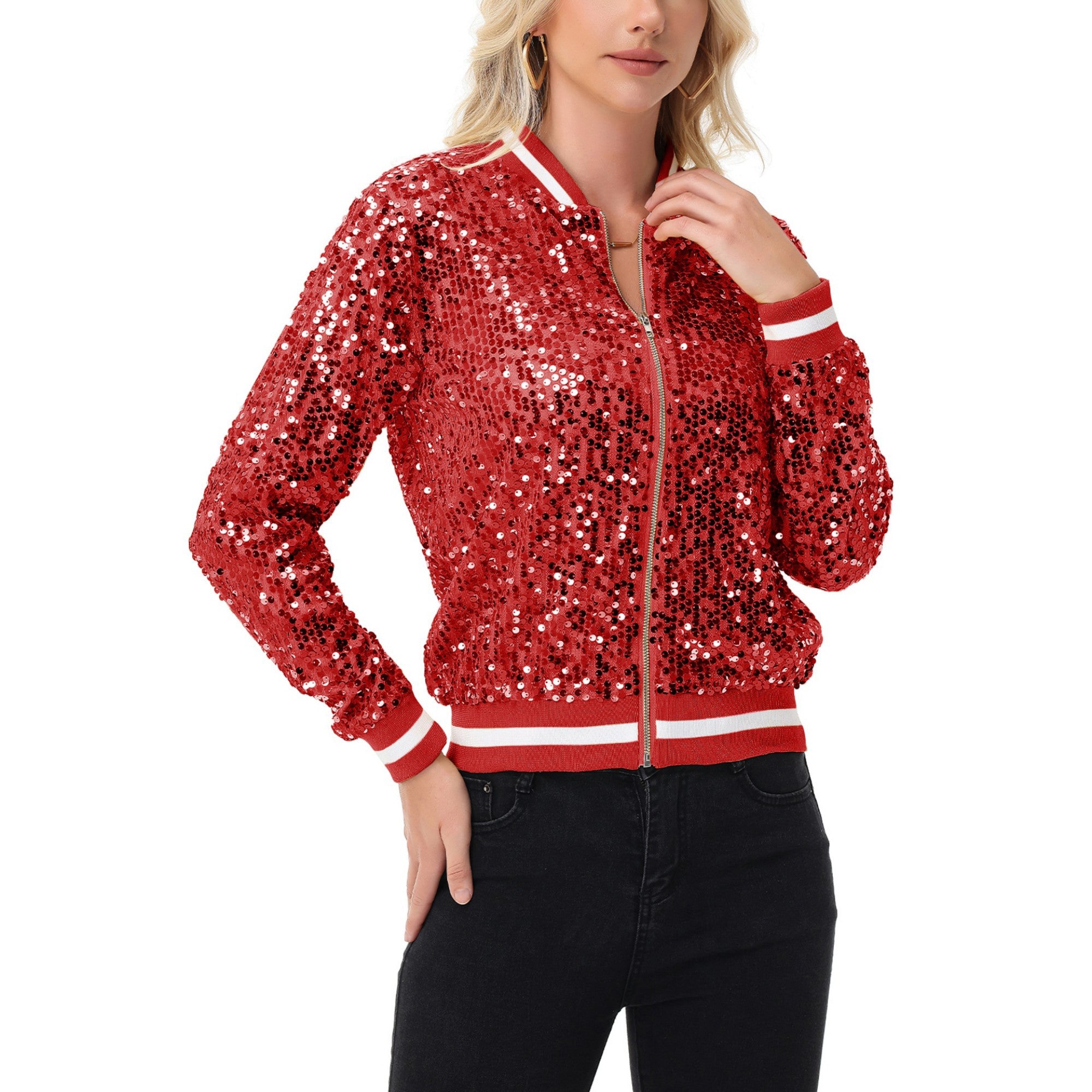 Anna-Kaci Women's Sequin Bomber Jacket with Ribbed Trim and Front Zipper Closure