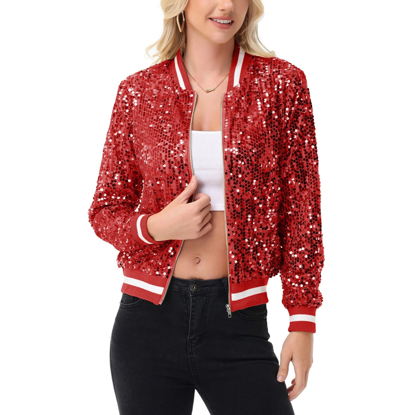 Anna-Kaci Women's Sequin Bomber Jacket with Ribbed Trim and Front Zipper Closure