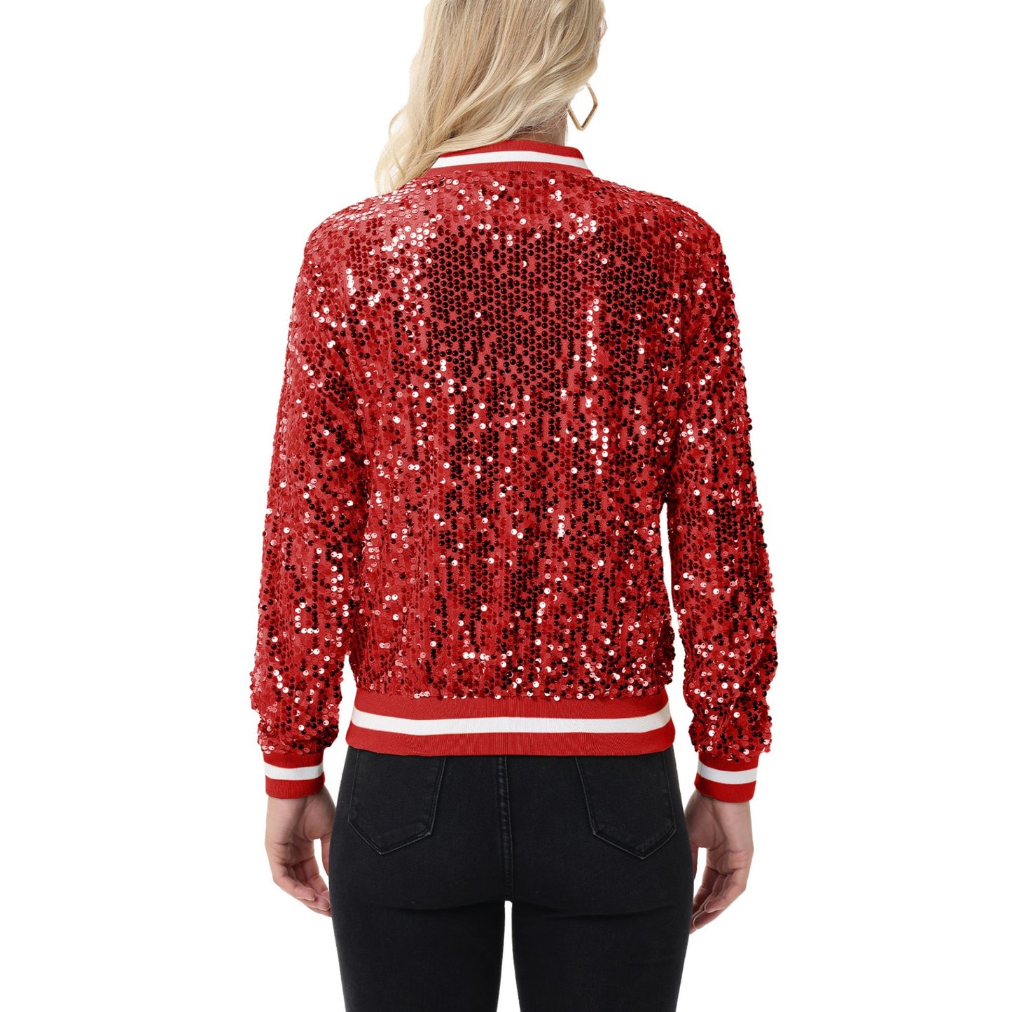 Anna-Kaci Women's Sequin Bomber Jacket with Ribbed Trim and Front Zipper Closure