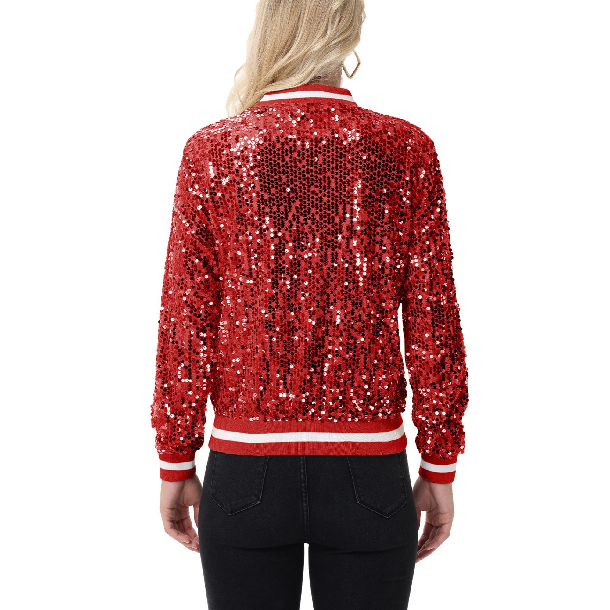 Anna-Kaci Women's Sequin Bomber Jacket with Ribbed Trim and Front Zipper Closure