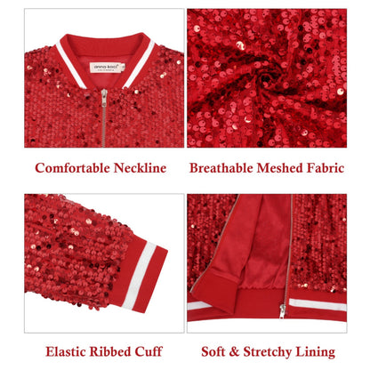 Anna-Kaci Women's Sequin Bomber Jacket with Ribbed Trim and Front Zipper Closure