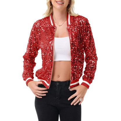 Anna-Kaci Women's Sequin Bomber Jacket with Ribbed Trim and Front Zipper Closure