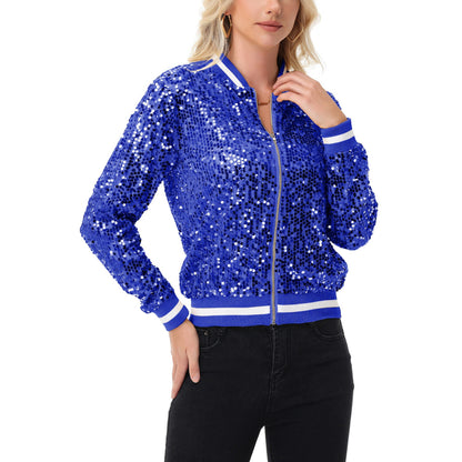 Anna-Kaci Women's Sequin Bomber Jacket with Ribbed Trim and Front Zipper Closure