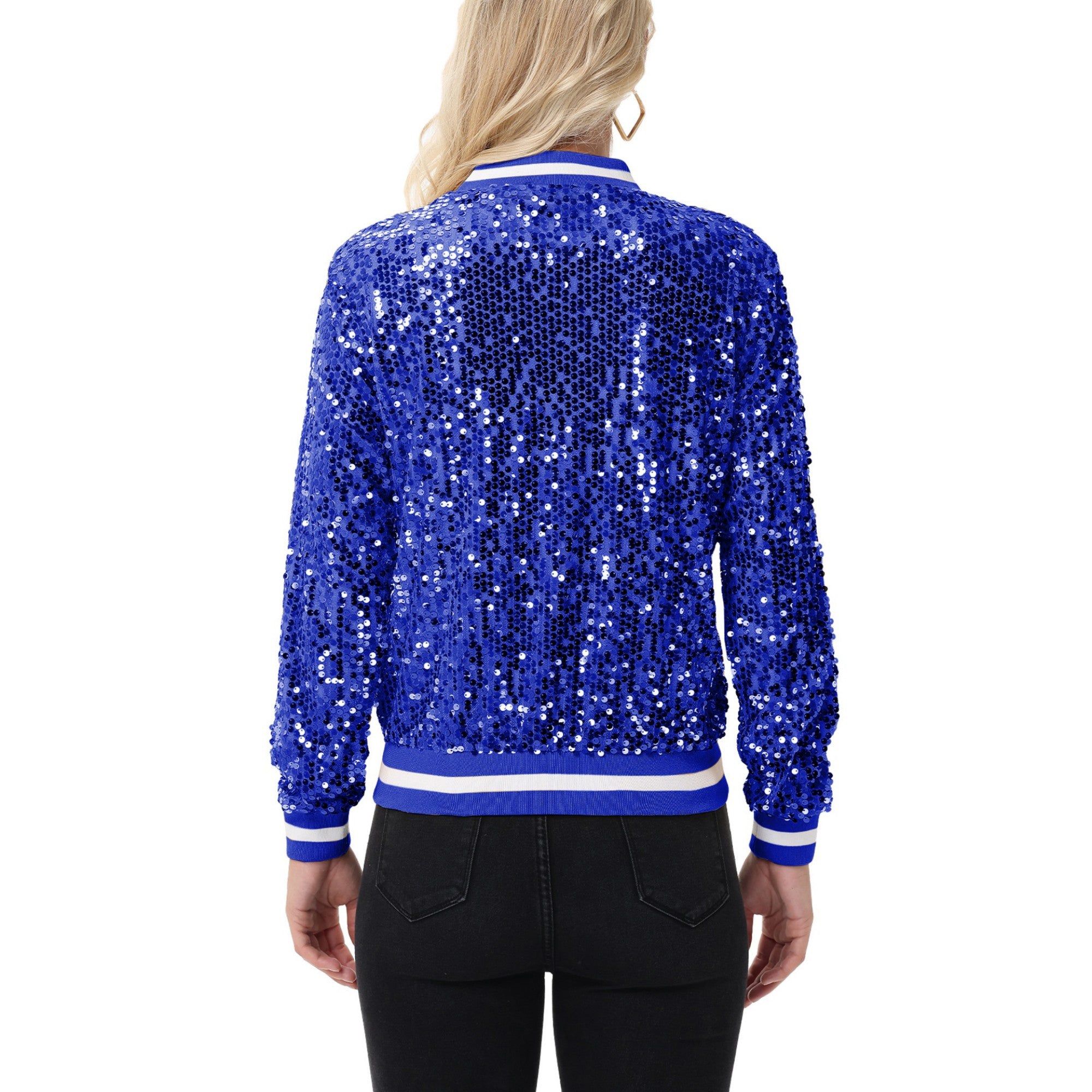 Anna-Kaci Women's Sequin Bomber Jacket with Ribbed Trim and Front Zipper Closure