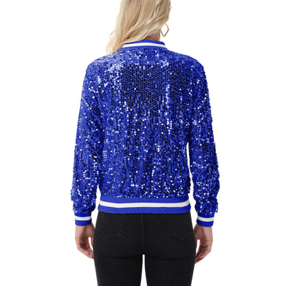 Anna-Kaci Women's Sequin Bomber Jacket with Ribbed Trim and Front Zipper Closure