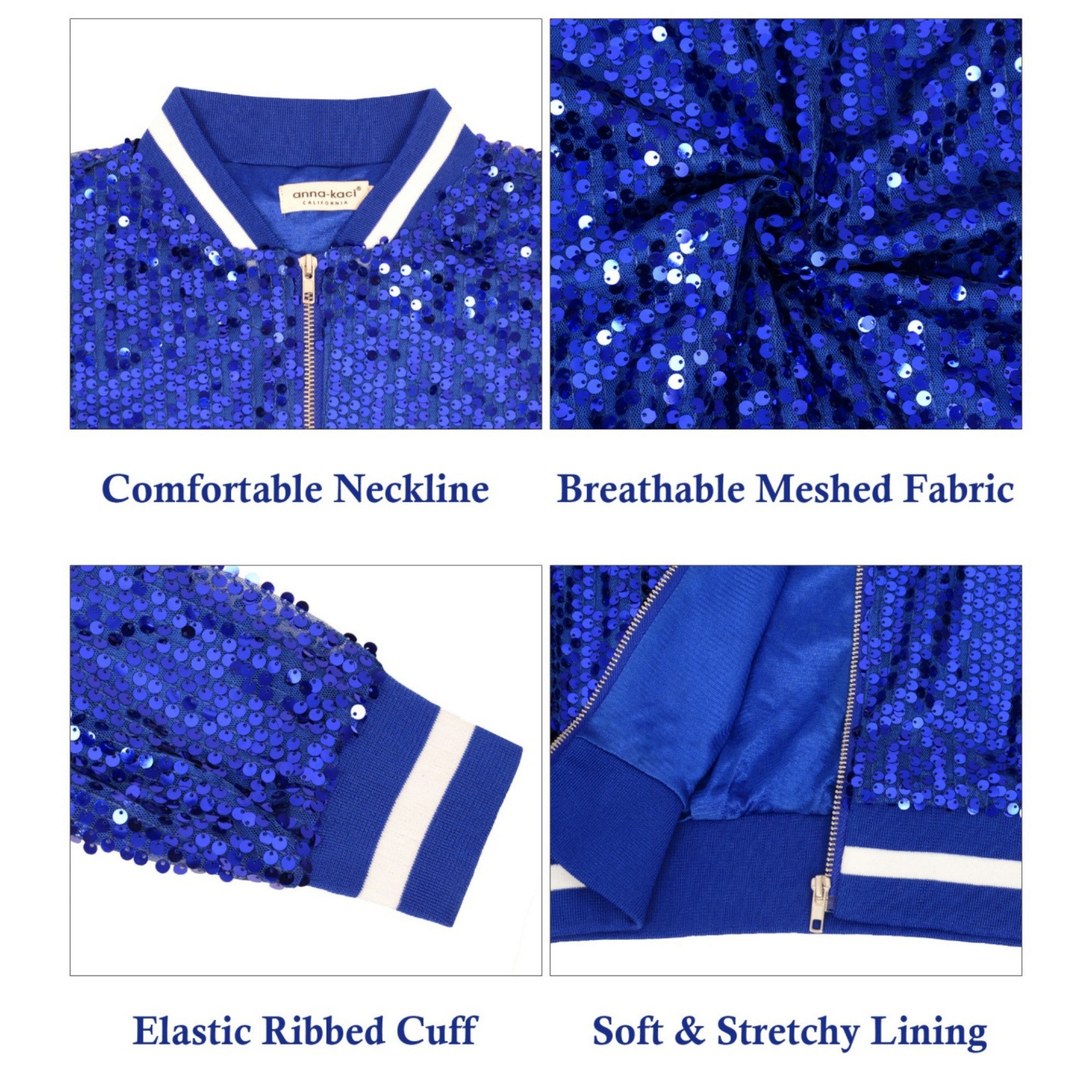Anna-Kaci Women's Sequin Bomber Jacket with Ribbed Trim and Front Zipper Closure