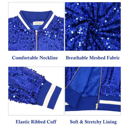 Anna-Kaci Women's Sequin Bomber Jacket with Ribbed Trim and Front Zipper Closure