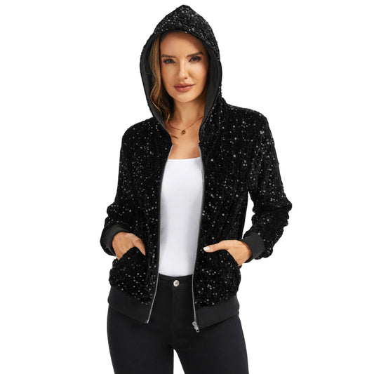 Anna-Kaci Women's Hooded Sequin Jacket with Front Zipper Closure and Ribbed Trim