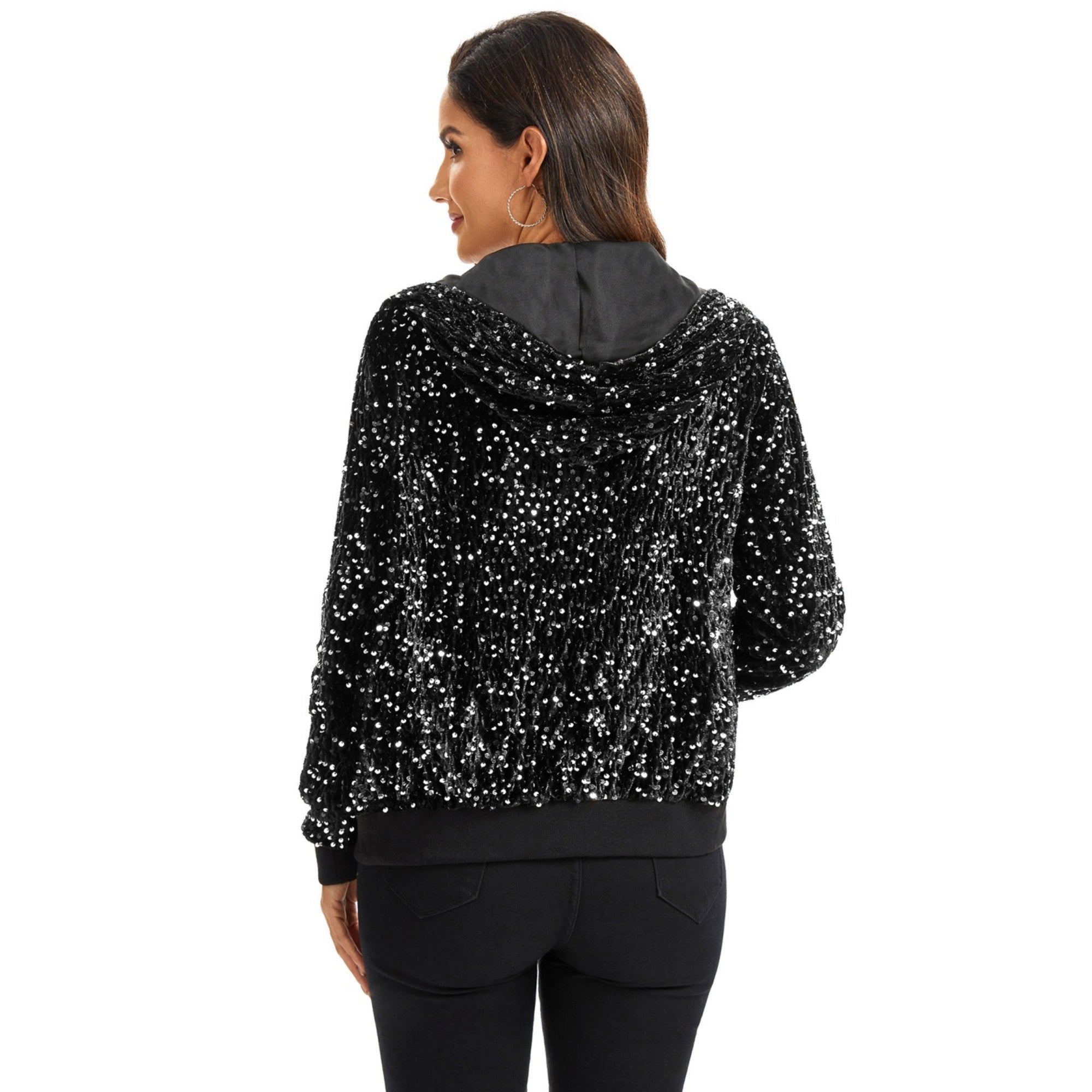Anna-Kaci Women's Hooded Sequin Jacket with Front Zipper Closure and Ribbed Trim