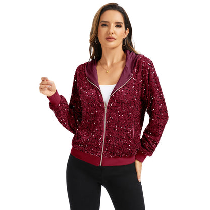 Anna-Kaci Women's Hooded Sequin Jacket with Front Zipper Closure and Ribbed Trim
