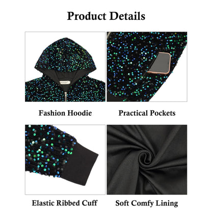 Anna-Kaci Women's Hooded Sequin Jacket with Front Zipper Closure and Ribbed Trim