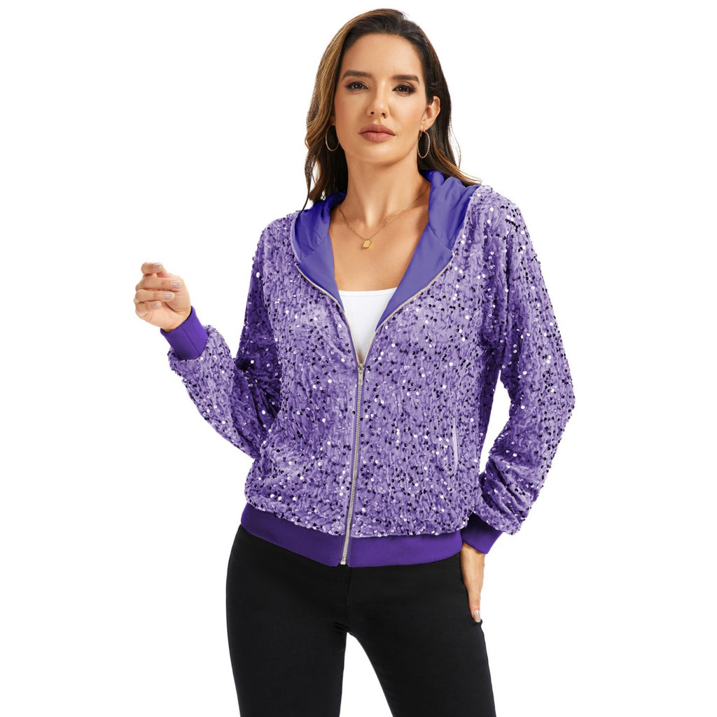Anna-Kaci Women's Hooded Sequin Jacket with Front Zipper Closure and Ribbed Trim