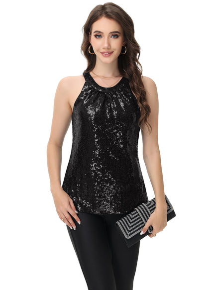 Anna-Kaci Women's Sparkly Sequin Halter Tank Tops Sleeveless Shirt Club Outfits