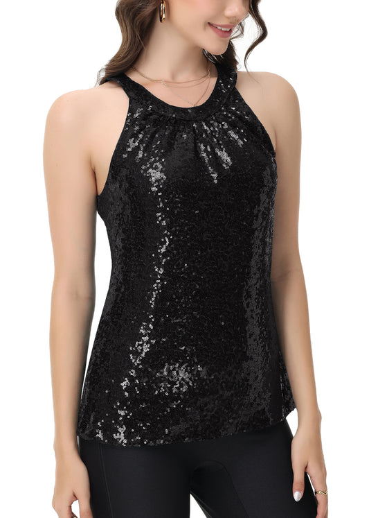 Anna-Kaci Women's Sparkly Sequin Halter Tank Tops Sleeveless Shirt Club Outfits