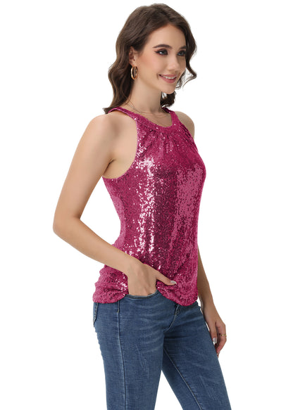 Anna-Kaci Women's Sparkly Sequin Halter Tank Tops Sleeveless Shirt Club Outfits
