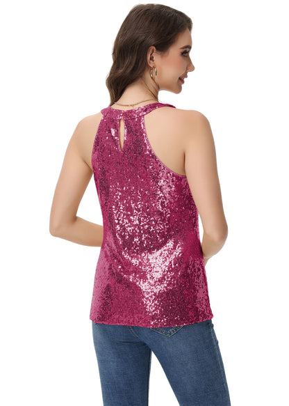 Anna-Kaci Women's Sparkly Sequin Halter Tank Tops Sleeveless Shirt Club Outfits