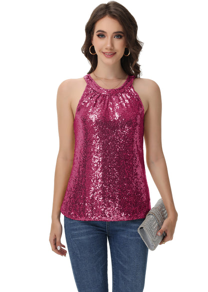 Anna-Kaci Women's Sparkly Sequin Halter Tank Tops Sleeveless Shirt Club Outfits