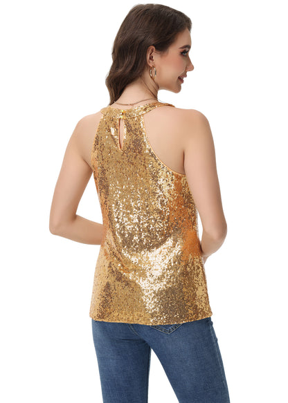 Anna-Kaci Women's Sparkly Sequin Halter Tank Tops Sleeveless Shirt Club Outfits