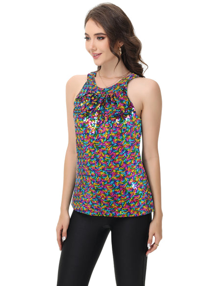 Anna-Kaci Women's Sparkly Sequin Halter Tank Tops Sleeveless Shirt Club Outfits