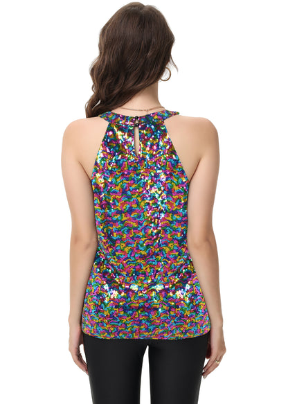 Anna-Kaci Women's Sparkly Sequin Halter Tank Tops Sleeveless Shirt Club Outfits