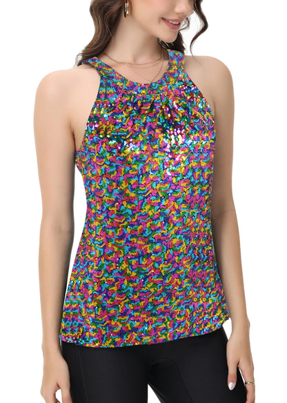 Anna-Kaci Women's Sparkly Sequin Halter Tank Tops Sleeveless Shirt Club Outfits