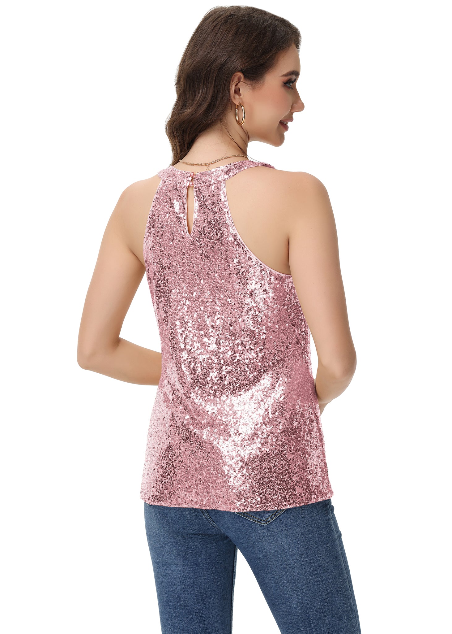 Anna-Kaci Women's Sparkly Sequin Halter Tank Tops Sleeveless Shirt Club Outfits