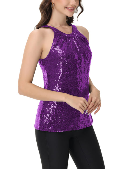 Anna-Kaci Women's Sparkly Sequin Halter Tank Tops Sleeveless Shirt Club Outfits