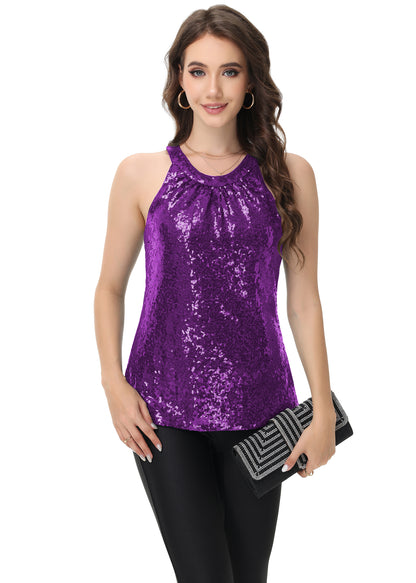 Anna-Kaci Women's Sparkly Sequin Halter Tank Tops Sleeveless Shirt Club Outfits