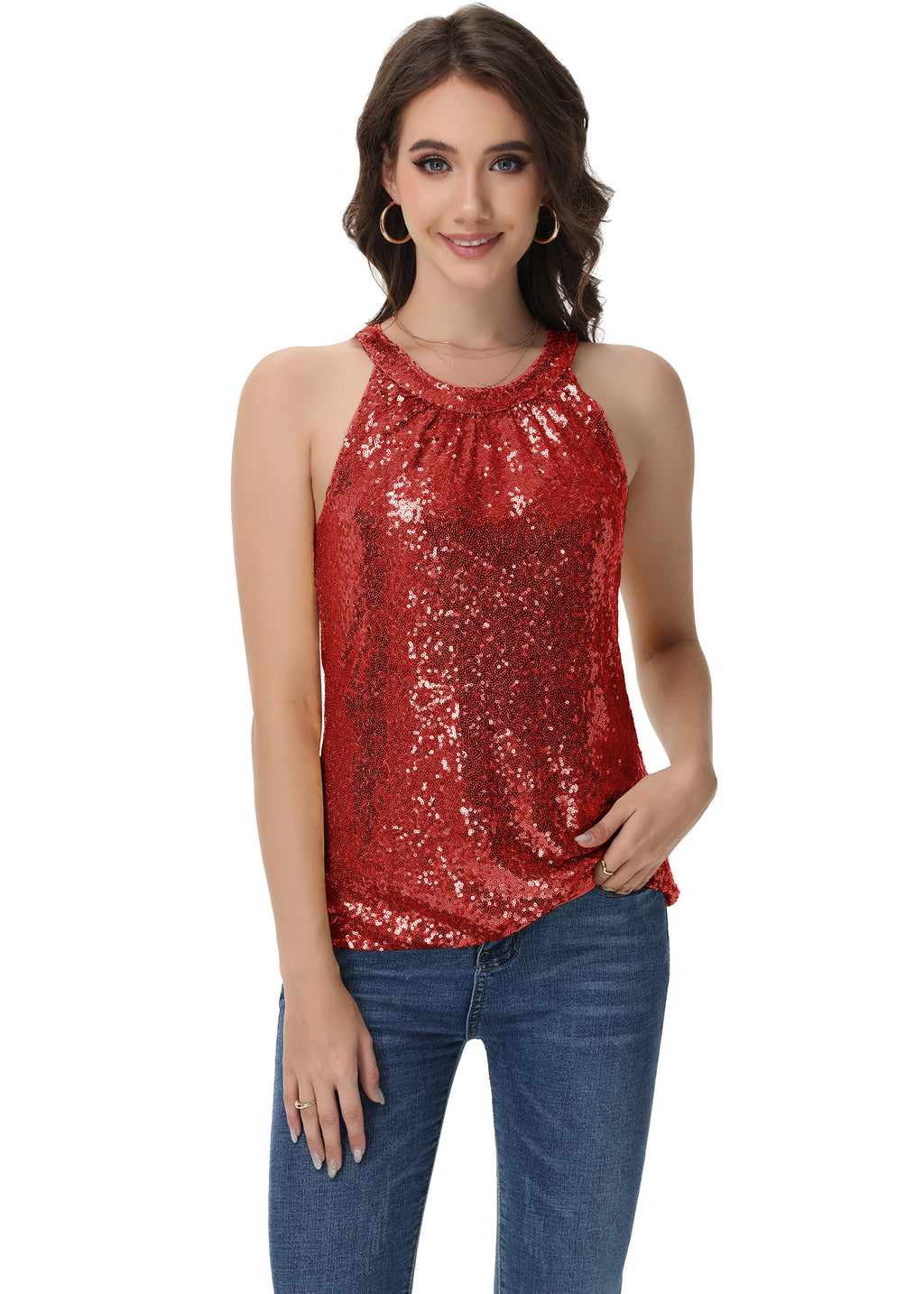 Anna-Kaci Women's Sparkly Sequin Halter Tank Tops Sleeveless Shirt Club Outfits