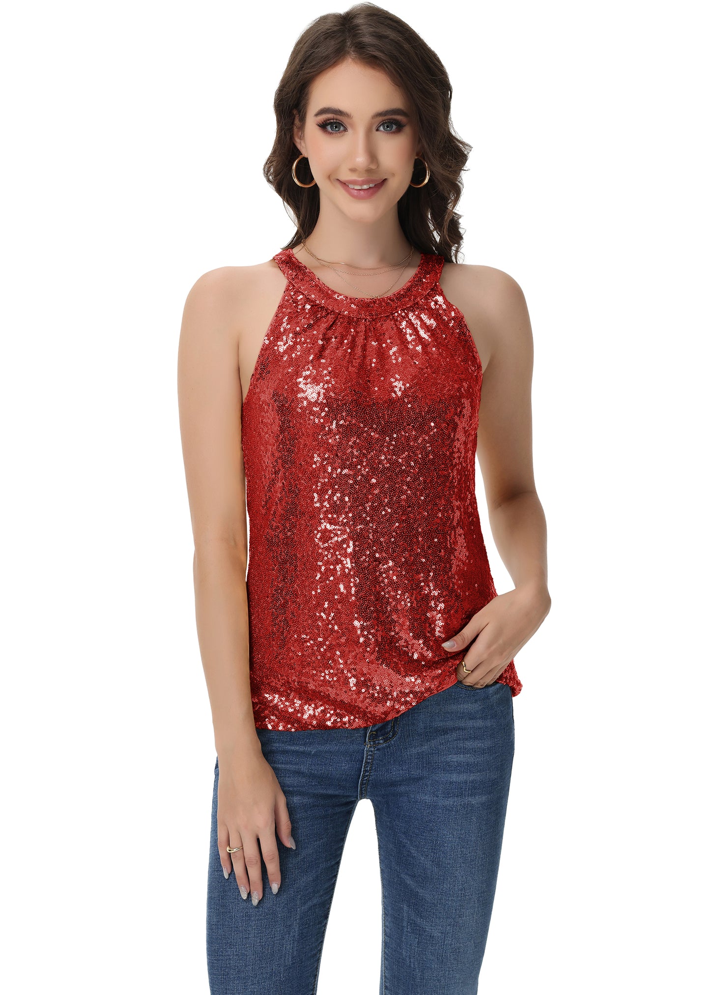 Anna-Kaci Women's Sparkly Sequin Halter Tank Tops Sleeveless Shirt Club Outfits