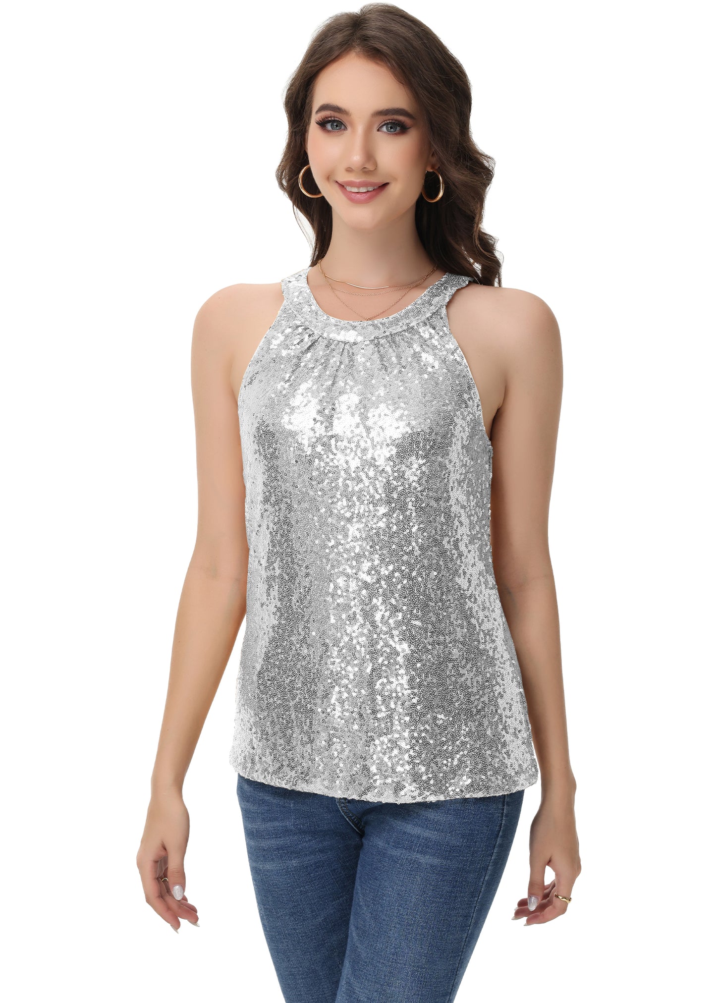 Anna-Kaci Women's Sparkly Sequin Halter Tank Tops Sleeveless Shirt Club Outfits