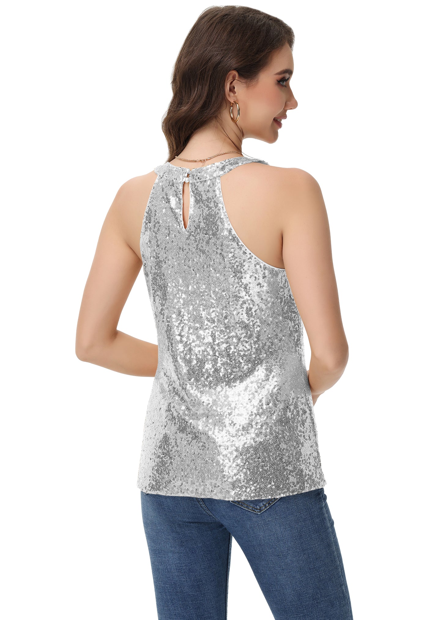 Anna-Kaci Women's Sparkly Sequin Halter Tank Tops Sleeveless Shirt Club Outfits