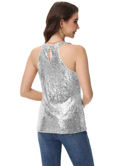 Anna-Kaci Women's Sparkly Sequin Halter Tank Tops Sleeveless Shirt Club Outfits