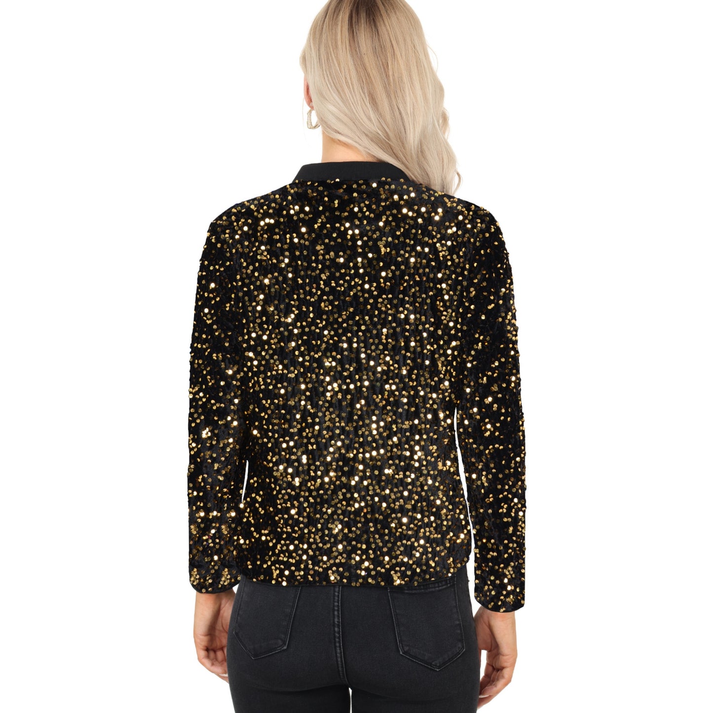 Anna-Kaci Women's Sequin Bomber Jacket with Front Zipper Closure and Ribbed Trim