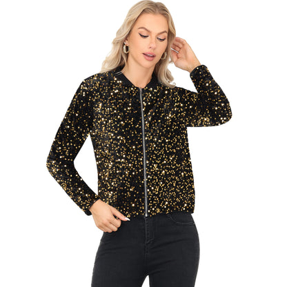 Anna-Kaci Women's Sequin Bomber Jacket with Front Zipper Closure and Ribbed Trim