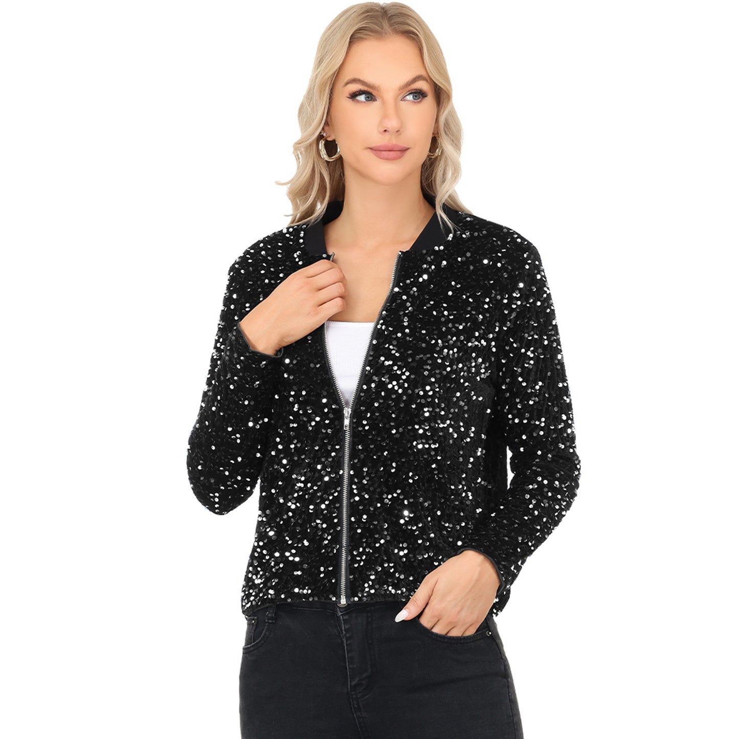 Anna-Kaci Women's Sequin Bomber Jacket with Front Zipper Closure and Ribbed Trim