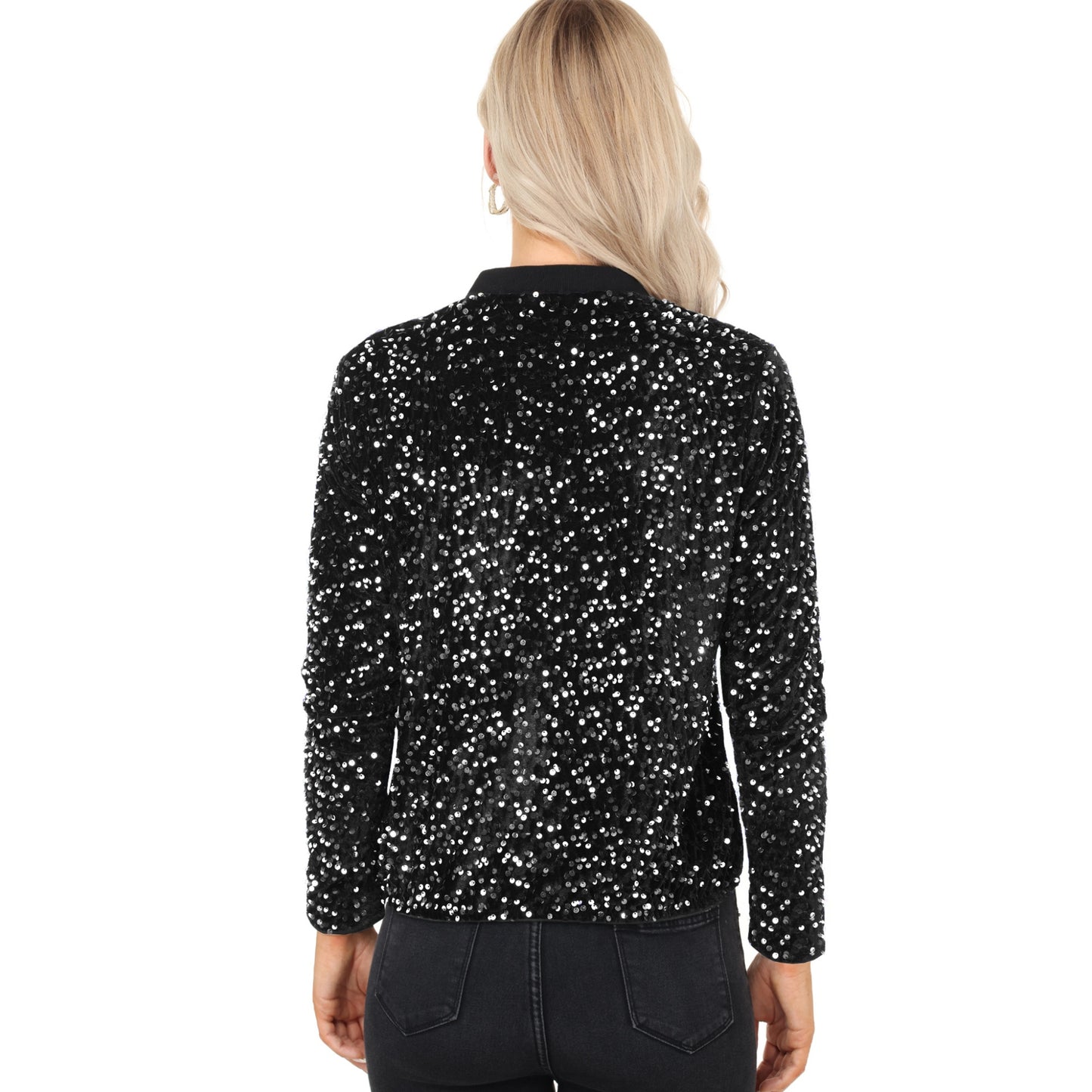 Anna-Kaci Women's Sequin Bomber Jacket with Front Zipper Closure and Ribbed Trim