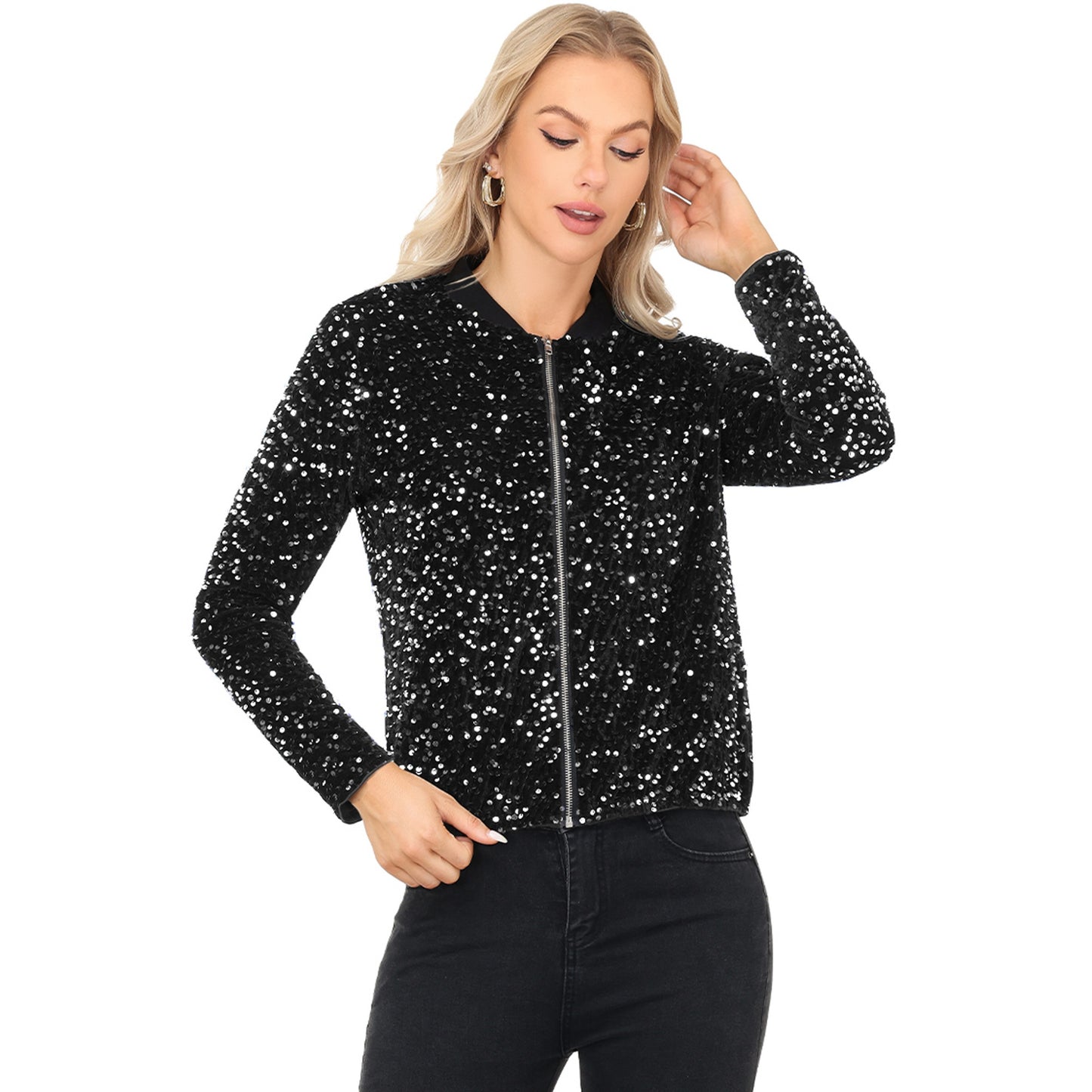 Anna-Kaci Women's Sequin Bomber Jacket with Front Zipper Closure and Ribbed Trim