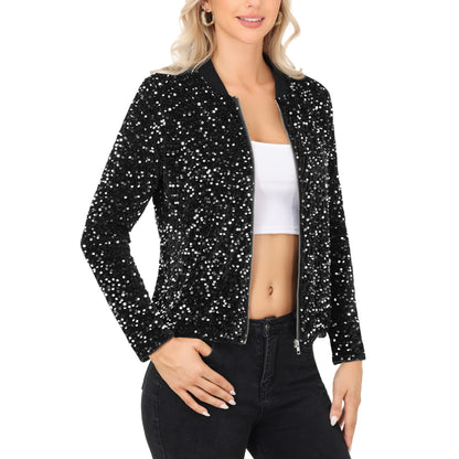 Anna-Kaci Women's Sequin Bomber Jacket with Front Zipper Closure and Ribbed Trim