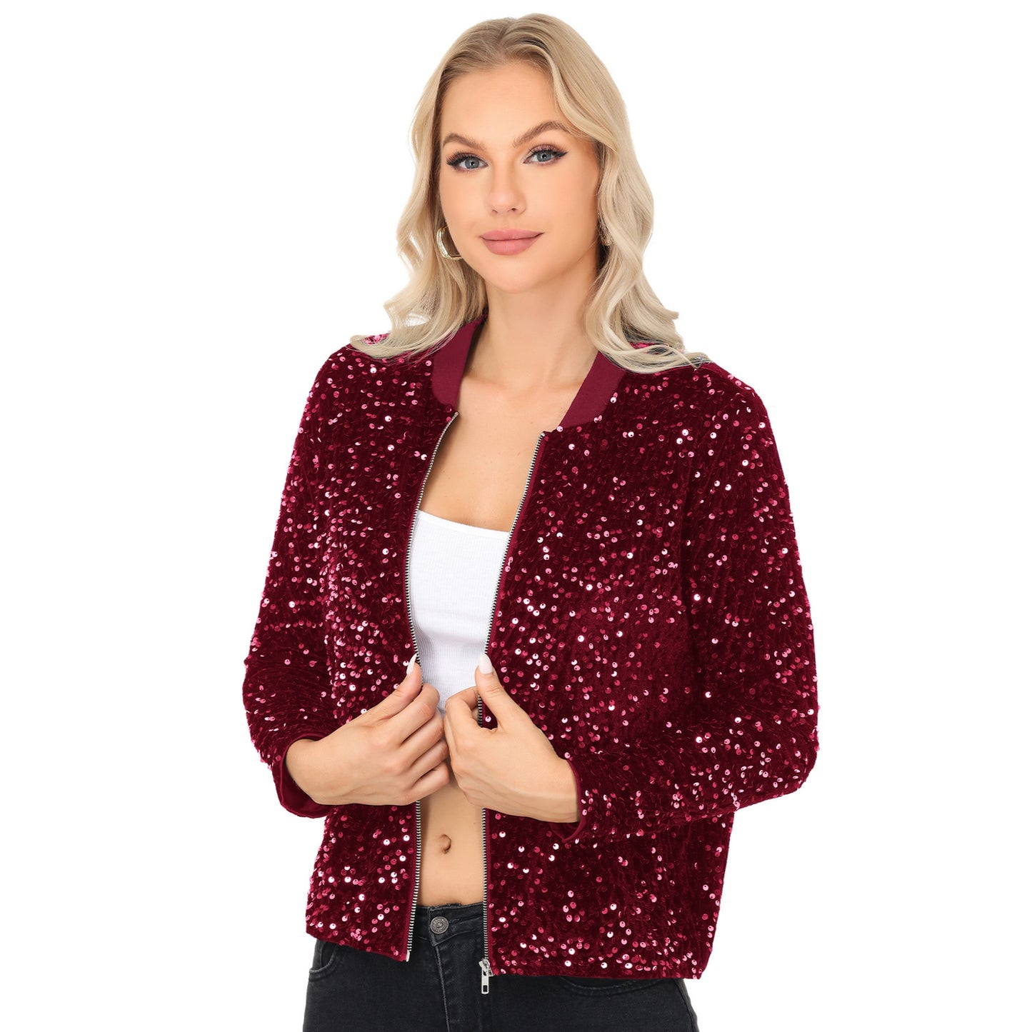 Anna-Kaci Women's Sequin Bomber Jacket with Front Zipper Closure and Ribbed Trim