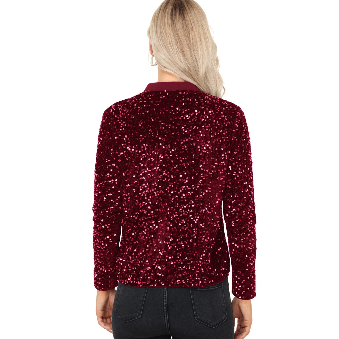 Anna-Kaci Women's Sequin Bomber Jacket with Front Zipper Closure and Ribbed Trim