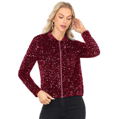 Anna-Kaci Women's Sequin Bomber Jacket with Front Zipper Closure and Ribbed Trim