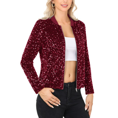 Anna-Kaci Women's Sequin Bomber Jacket with Front Zipper Closure and Ribbed Trim