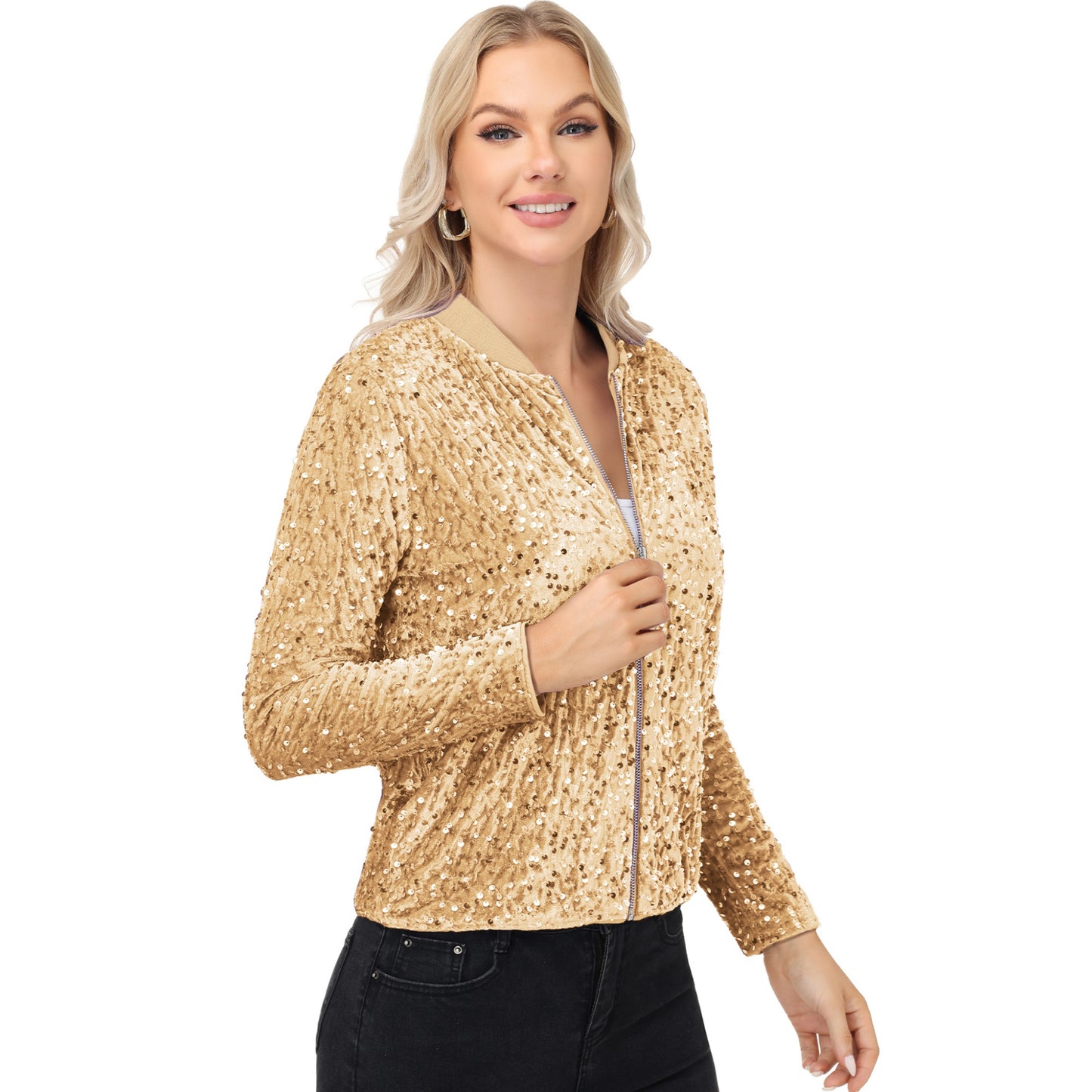 Anna-Kaci Women's Sequin Bomber Jacket with Front Zipper Closure and Ribbed Trim